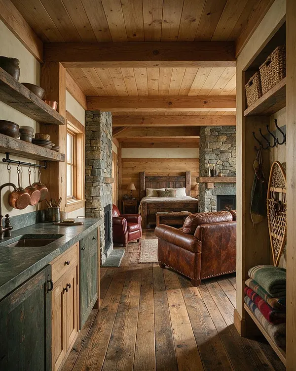 A rustic studio apartment with wide plank wood floors, exposed timber ceilings, and stone fireplace columns framing a sleeping area at the back. The kitchen on the left has a green stone countertop, wood cabinetry, copper cookware, and open shelves, while leather armchairs and woven baskets add warmth and texture.