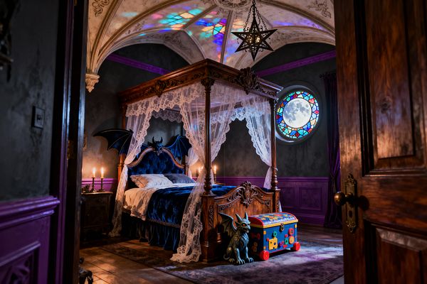 A view into a children’s bedroom in Gothic style shows a carved wooden four-poster bed with white lace canopy and deep blue velvet bedding, its headboard flanked by bat wings. Candlelit nightstands, a round stained-glass window with a full moon, a star-shaped iron pendant, purple wall paneling, charcoal plaster walls, hardwood floors, heavy purple drapery, a bright toy chest on wheels, and a small gargoyle figure complete the dramatic yet playful space.