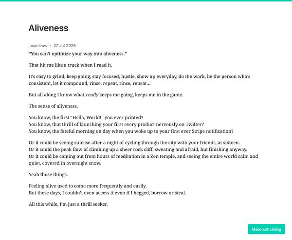 A reflective piece titled 'Aliveness' discusses the essence of feeling alive and the experiences that evoke this sensation.