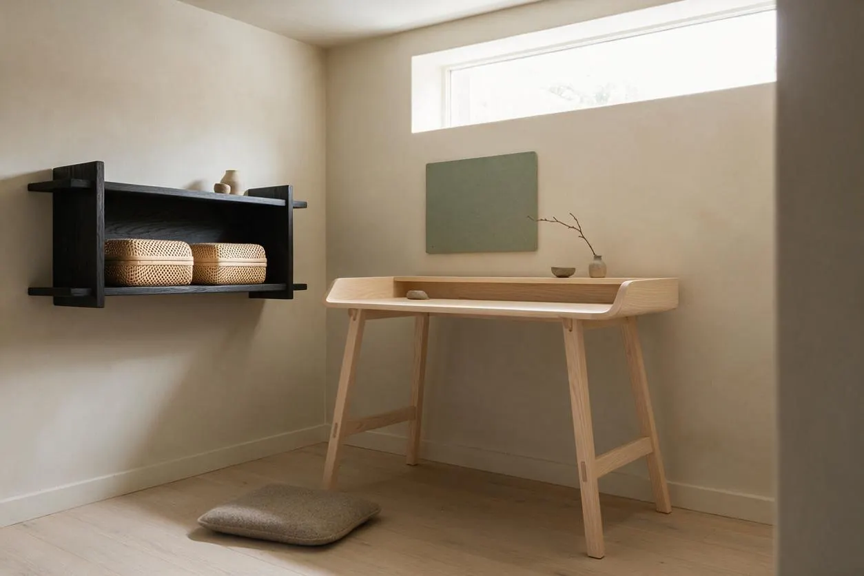 A small Japandi-style basement room with pale walls, a high horizontal window, and light wood flooring. A minimalist oak desk sits beneath the window beside a black wall shelf holding woven storage baskets, creating a calm and uncluttered workspace.