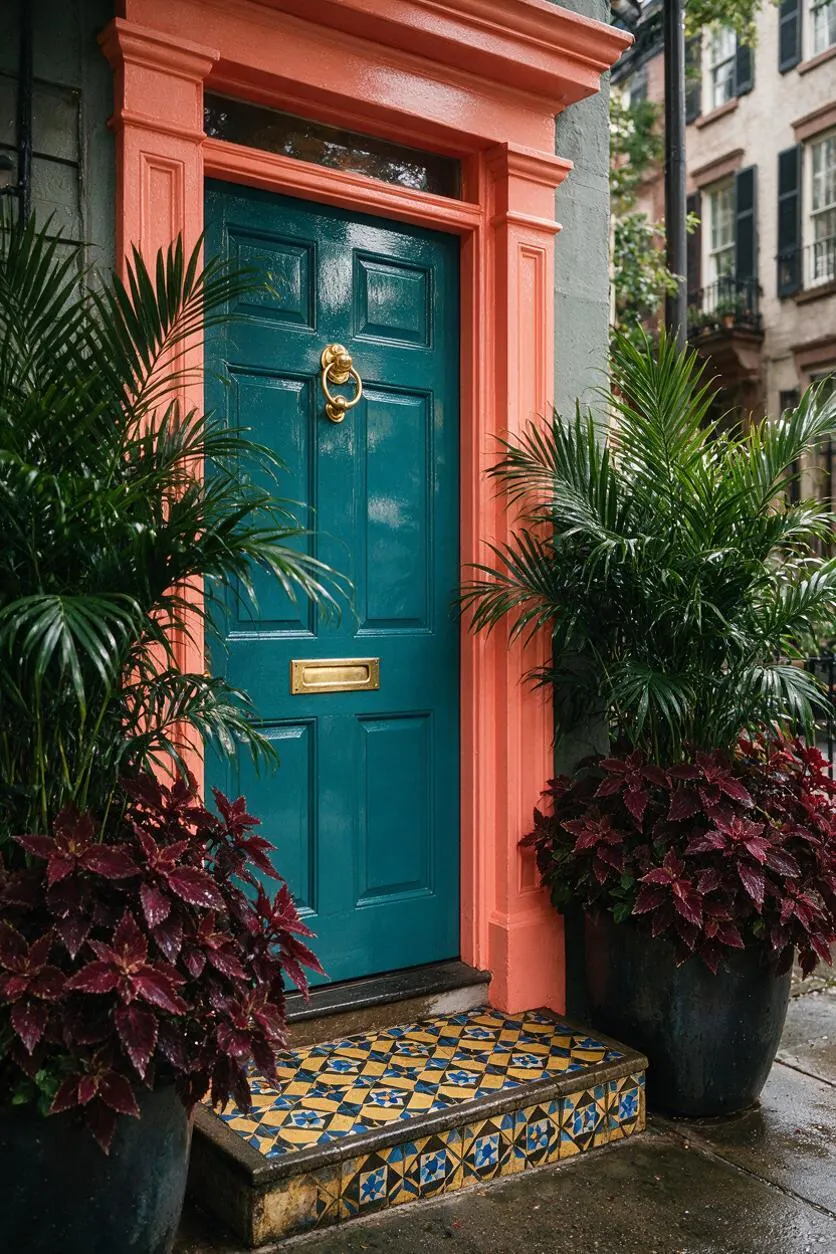 A colorful exterior entryway features a glossy teal front door framed by a coral-painted surround and topped with decorative molding. Large potted tropical plants and burgundy foliage flank the doorway, and a patterned mosaic tile step adds a layered, maximalist look.