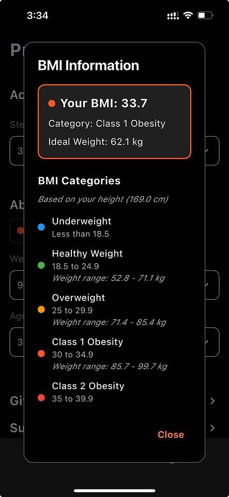The image displays a BMI information interface with color-coded categories and details.