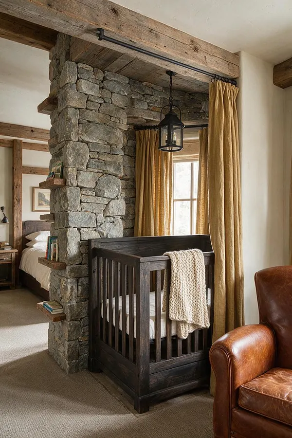 A rustic nursery features a dark wood crib beside a stacked stone wall and heavy exposed timber beams. Golden curtains frame a bright window, while a black lantern pendant and a knitted cream throw add warmth and texture.