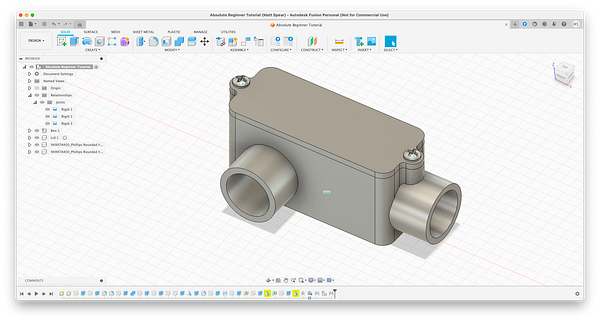A 3D model of a mechanical component is displayed in Autodesk Fusion 360.