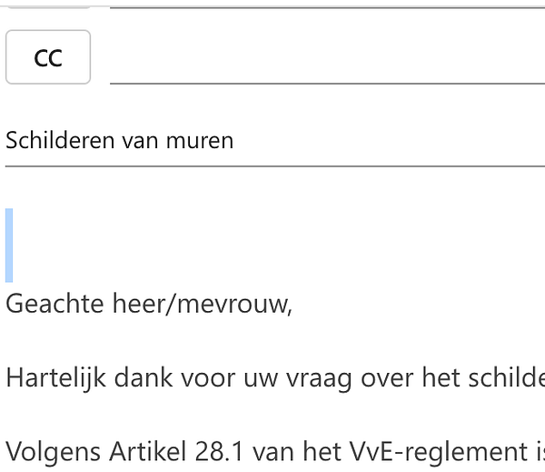 The image displays an email draft with a subject line and a formal greeting in Dutch.