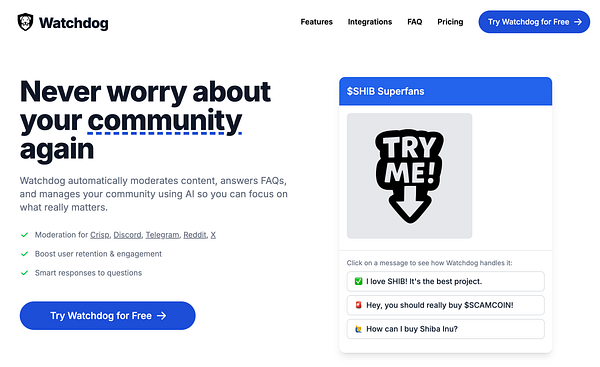 The image features a promotional layout for Watchdog, highlighting its community management features and a call-to-action for a free trial.