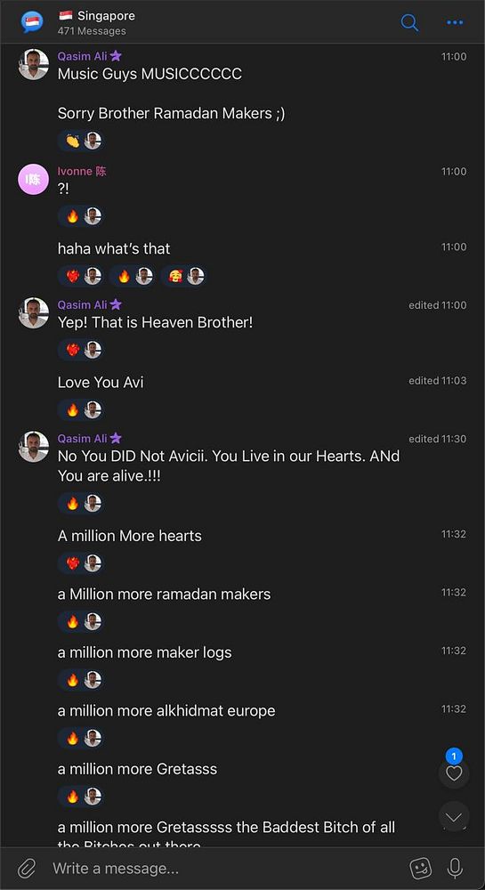 A chat conversation in a messaging app discussing music and Ramadan.