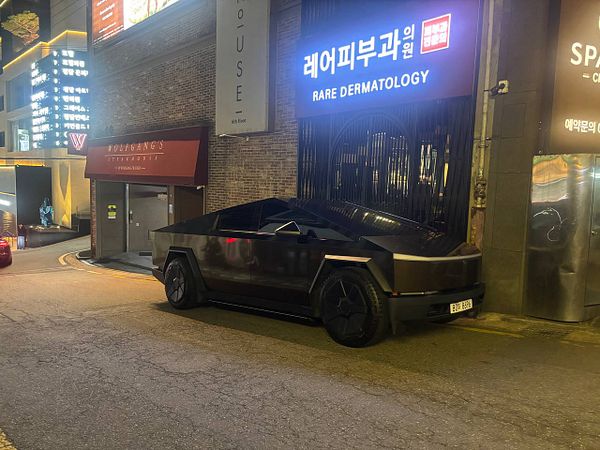 A parked Tesla Cybertruck on a paved surface surrounded by greenery under a cloudy sky.