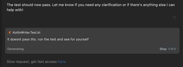 The image displays a coding interface showing a test file in Kotlin with a message about a test not passing.