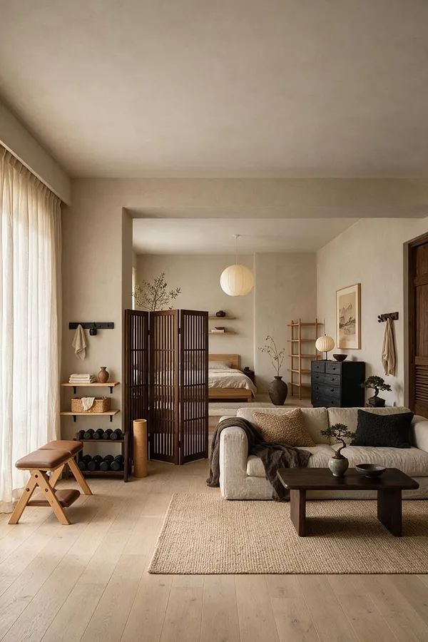 A calm Japandi-style home gym combining workout and lounge zones, with a folding wood screen, dumbbell racks, a bench, and soft neutral furnishings. The space features beige walls, light wood floors, a linen sofa, dark wood coffee table, paper lantern lighting, and natural decor for a peaceful, balanced feel.