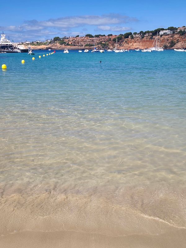 A tranquil beach scene with clear shallow water leading to a bay dotted with boats and a rocky coastline with buildings.