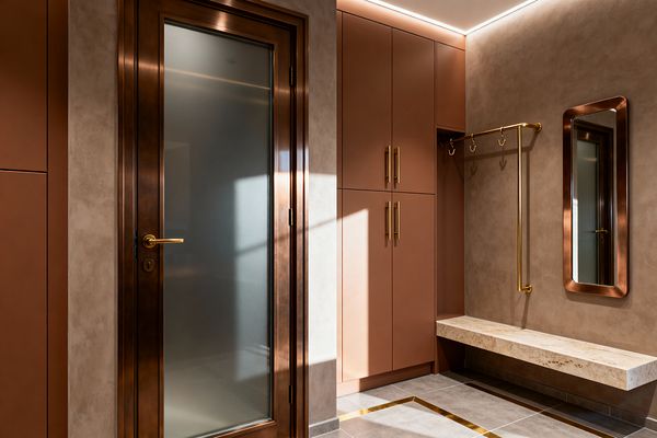 A contemporary mudroom features matte terracotta built-in cabinets with brass pulls, a bronze-framed door with frosted glass, a matching brass coat rail, and a rounded-rectangular wall mirror. A floating travertine bench spans one wall above large gray porcelain tiles detailed with brass inlays, while taupe plaster walls and concealed perimeter LED lighting cast a warm, even glow.