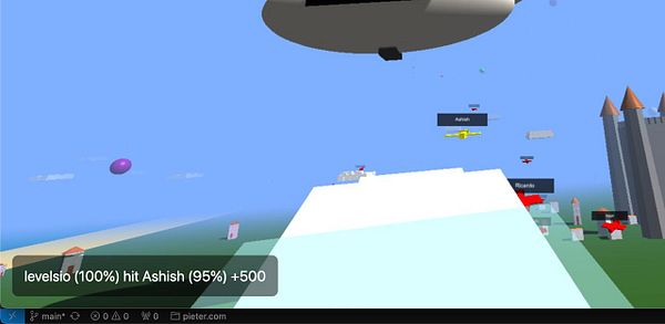 A virtual environment featuring a blimp, characters, and various structures.