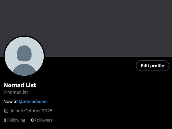 The image displays a Twitter profile for 'Nomad List' with minimal information.