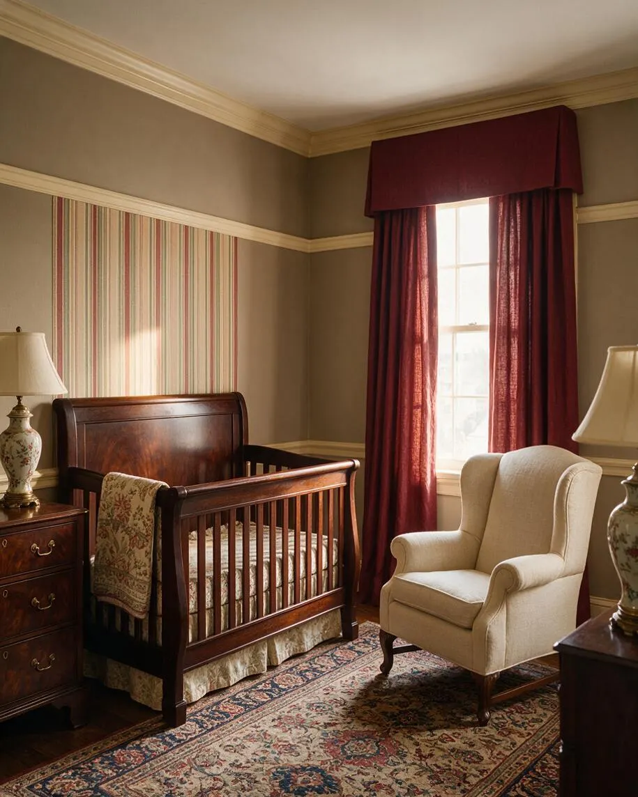 A traditional nursery with a dark stained wood crib centered on a patterned area rug, flanked by matching wooden dressers and ceramic table lamps. A cream wingback-style glider sits near a sunlit window dressed with burgundy curtains and a matching valance, while taupe walls and striped wallpaper add a classic, formal feel.