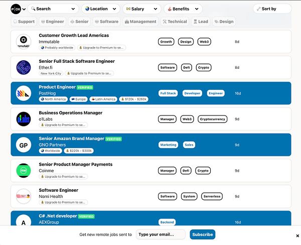 The image displays a job listing interface with various remote job postings.
