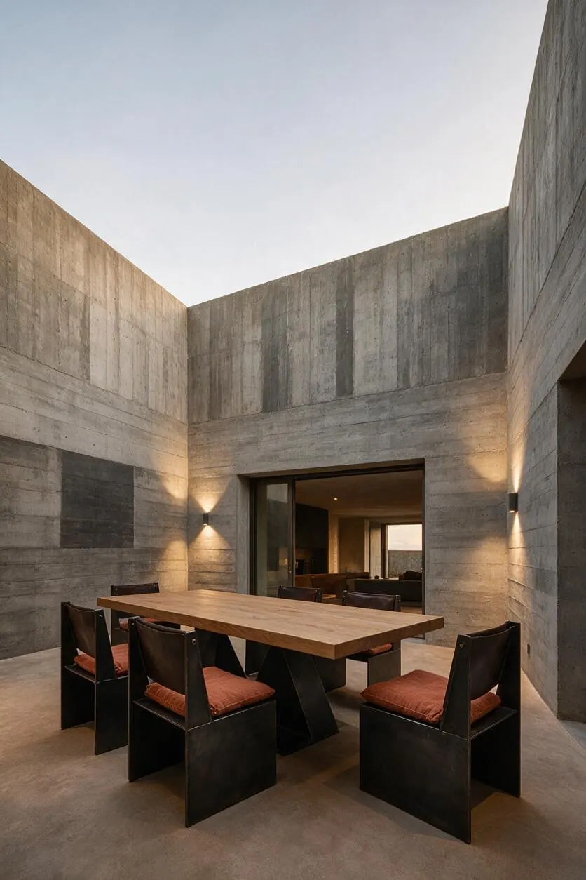 A stark Brutalist backyard courtyard with tall raw concrete walls surrounding a simple outdoor dining area. A rectangular wood dining table is paired with black angular chairs and rust-colored cushions, while warm wall sconces cast a soft glow against the gray surfaces.