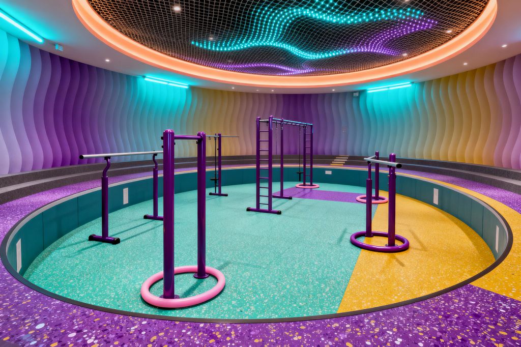 A circular, sunken home gym with bright purple powder-coated bars and ladders stands on speckled teal and yellow rubber flooring. Undulating wall panels ring the room, washed in cyan, lavender, and gold light, with tiered gray seating along the perimeter. Overhead, a black mesh ceiling holds animated teal and purple LED waves inside a warm orange cove, creating an immersive, neon-lit environment for playful strength and agility training.