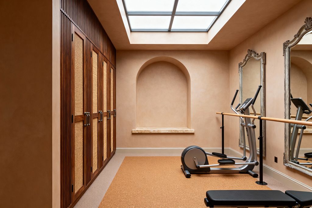 A softly lit home gym features warm beige plaster walls and a large grid skylight. On the left are tall walnut cabinets with woven cane doors; on the right, a mirrored wall with ornate frames and a light wood ballet barre. A silver elliptical machine and a bench sit on caramel-toned cork flooring, and an arched wall niche with a stone ledge centers the back wall.