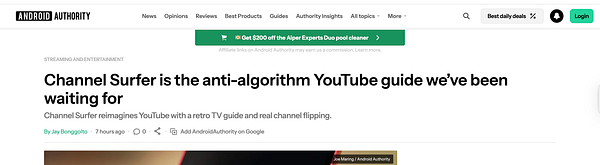 Screenshot of a Twitter post by Channel Surfer displaying a tweet about making mainstream tech news sites with analytics data and engagement metrics on the side.