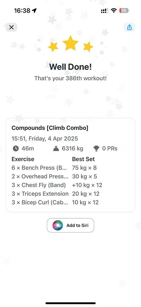 The image displays a workout summary from a fitness app, celebrating the completion of a workout.