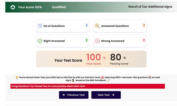 The image displays the results of a driving test focused on car additional signs.