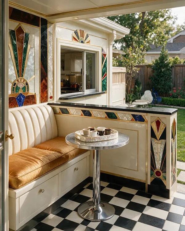 A small backyard seating nook with an Art Deco look features a built-in bench, a chrome pedestal table, and black-and-white checkered flooring. Cream upholstery, gold trim, and colorful geometric mosaic panels frame the space, while an open pass-through window and outdoor greenery sit beyond the patio wall.