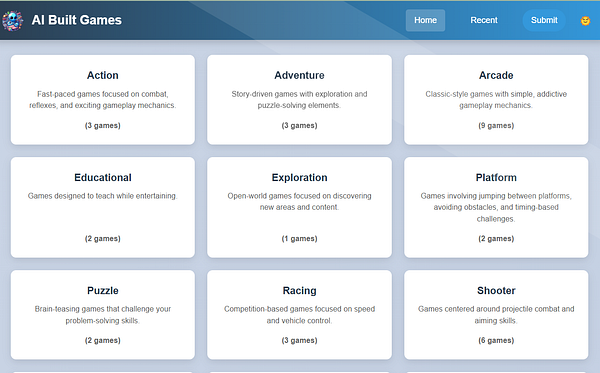A grid layout displaying various categories of games with descriptions and counts.