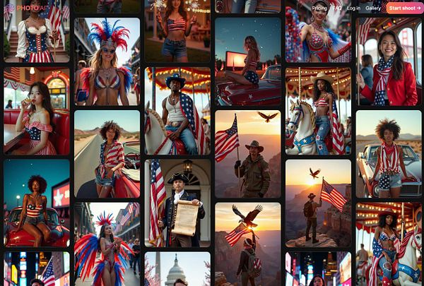 A vibrant collage of patriotic-themed photos featuring diverse individuals celebrating American culture.