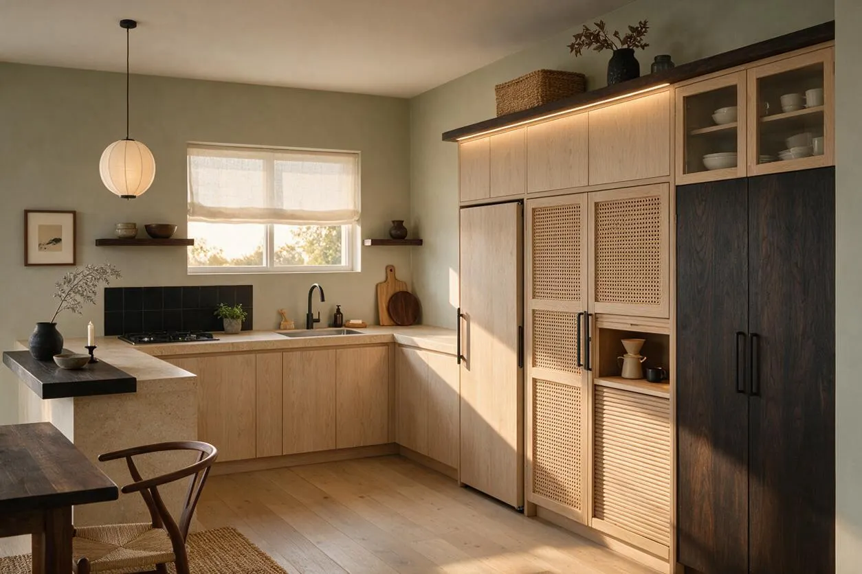 A serene Japandi-style kitchen with pale wood lower cabinets, woven rattan-front upper storage, and a dark wood pantry wall. The space includes a black faucet, matte black accents, a stone island edge, soft sage walls, and a paper pendant light by a window with a sheer shade.