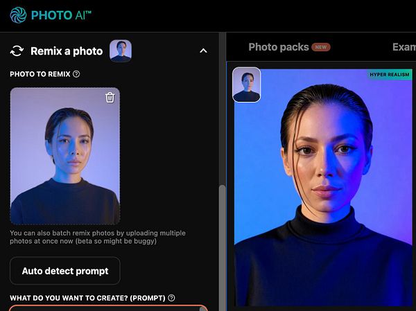 The image displays a user interface for a photo remixing tool featuring a portrait of a woman.