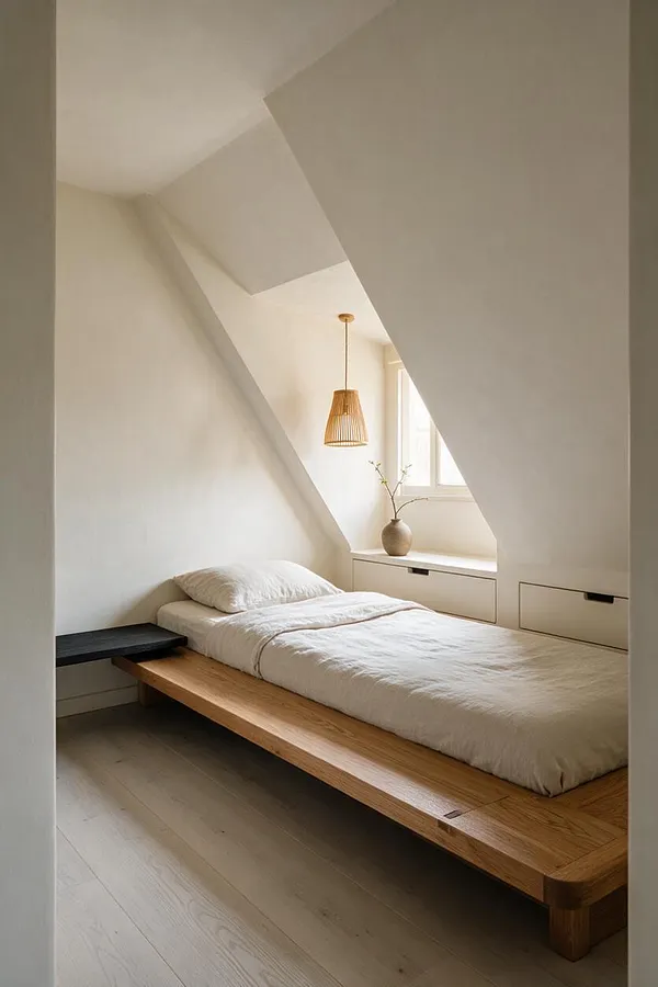 A serene studio apartment bedroom with a low oak platform bed dressed in white bedding, set beneath angled white walls and a small window. A woven pendant light hangs above a built-in bench and storage ledge with a simple vase and branch arrangement, creating a calm Japandi aesthetic.