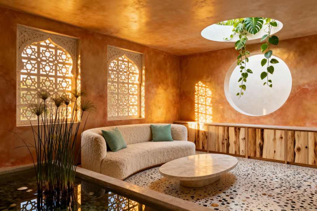 Sunlit living room with terracotta-toned plaster walls features two arched stone lattice windows and a circular skylight from which trailing vines hang. An ivory curved bouclé sofa with green cushions sits on a pebble-speckled terrazzo floor beside a shallow indoor reflecting pool planted with papyrus; a low oval travertine table and a long natural-wood credenza line the wall as patterned shadows warm the space.