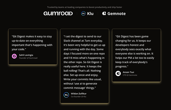 The image features testimonials from three individuals about the Git Digest tool, highlighting its benefits for productivity and team communication.