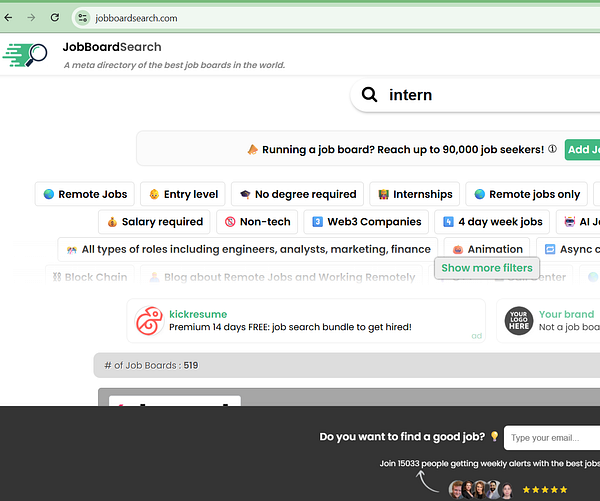 The image displays a webpage for JobBoardSearch, a directory for job boards, featuring various job search filters and advertisements.