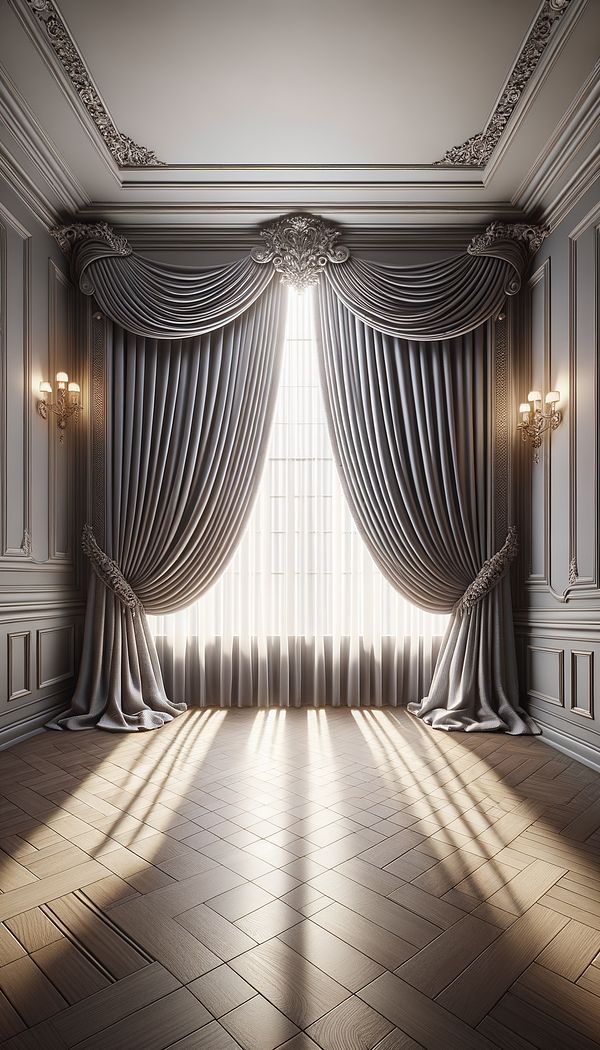 A pair of luxurious center draw curtains opening symmetrically from the center of a large window, with sunlight filtering through, highlighting the room's elegant decor.