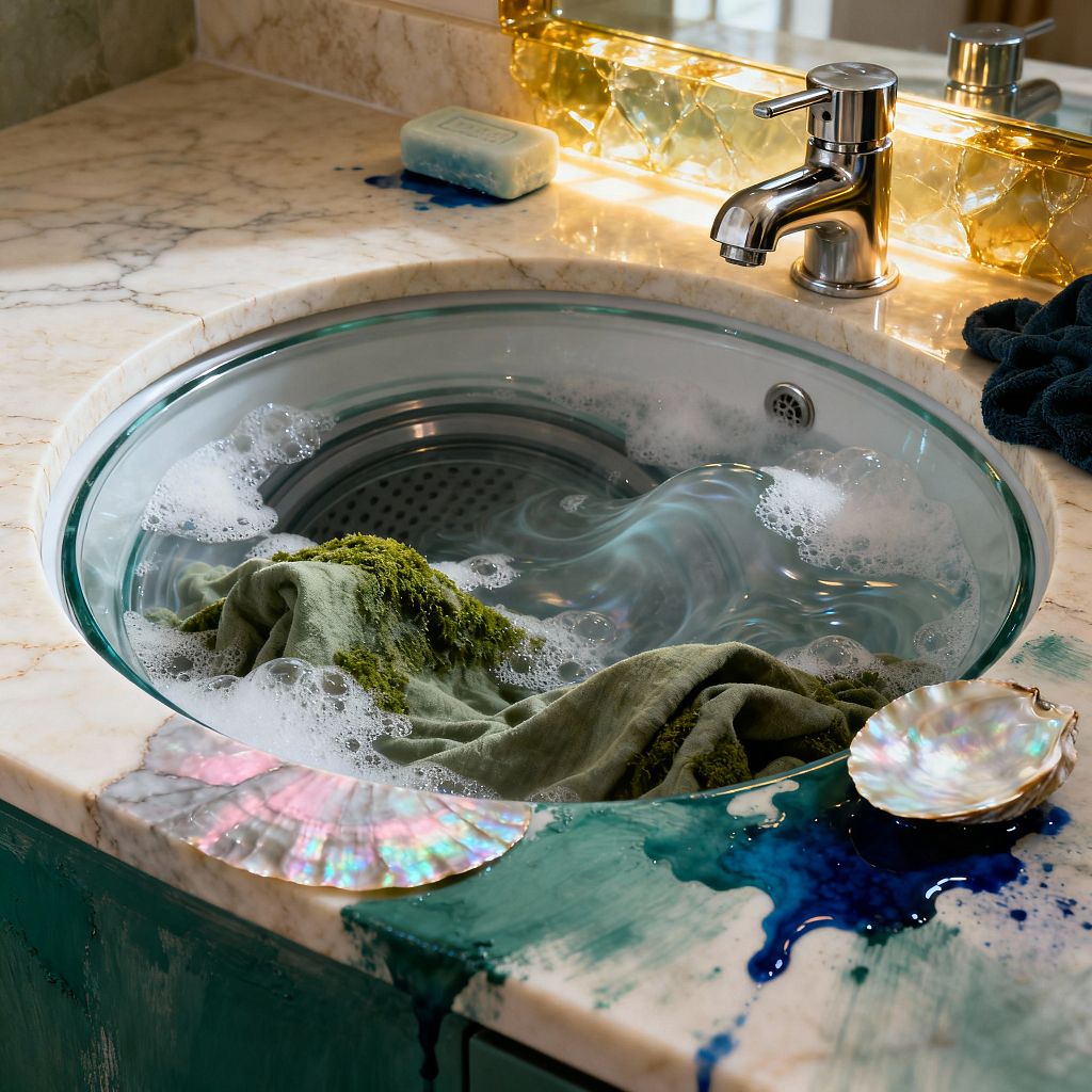 Close-up of a surreal laundry sink where a round, glass-walled washing machine drum is set into a veined white marble countertop. Bubbly water swirls around a green cloth with moss-like texture. A sleek chrome faucet sits before a quilted amber glass backsplash. Teal-painted cabinetry shows a glossy cobalt spill along the edge. Iridescent shell dishes and a blue bar of soap add oceanic accents and a dreamlike, art-meets-utility mood.
