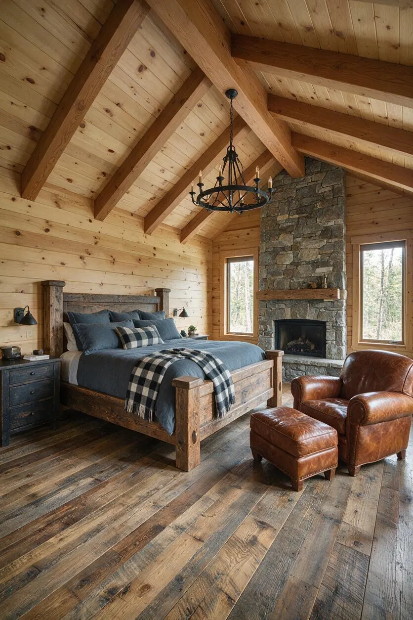A rustic guest bedroom with a wood-beam vaulted ceiling, knotty pine wall paneling, and a large stone fireplace. The room features a heavy wood bed with blue bedding, a plaid throw, dark wood nightstands, and a brown leather chair with ottoman on wide-plank wood floors.