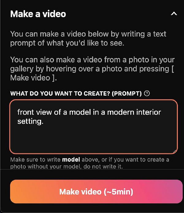 The image displays a user interface for creating a video with a text prompt input field and a 'Make video' button.
