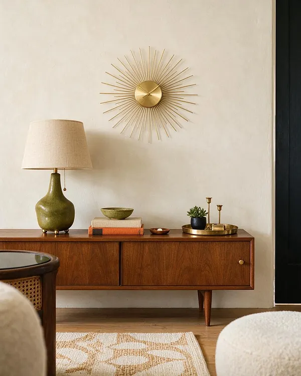A mid-century modern vignette with a walnut credenza against a warm white wall, topped by a green ceramic lamp, stacked books, a small dish, and brass decor. A gold sunburst wall clock or sculpture is centered above, with a woven rug and soft seating in the foreground.