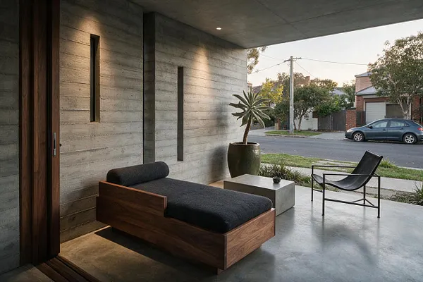 A Brutalist front porch with board-formed concrete walls and ceiling, narrow vertical slit windows, and a polished concrete floor. The porch is furnished with a dark wood daybed, a low concrete table, a black sling chair, and a large ceramic planter with a sculptural plant, opening to a quiet suburban street.