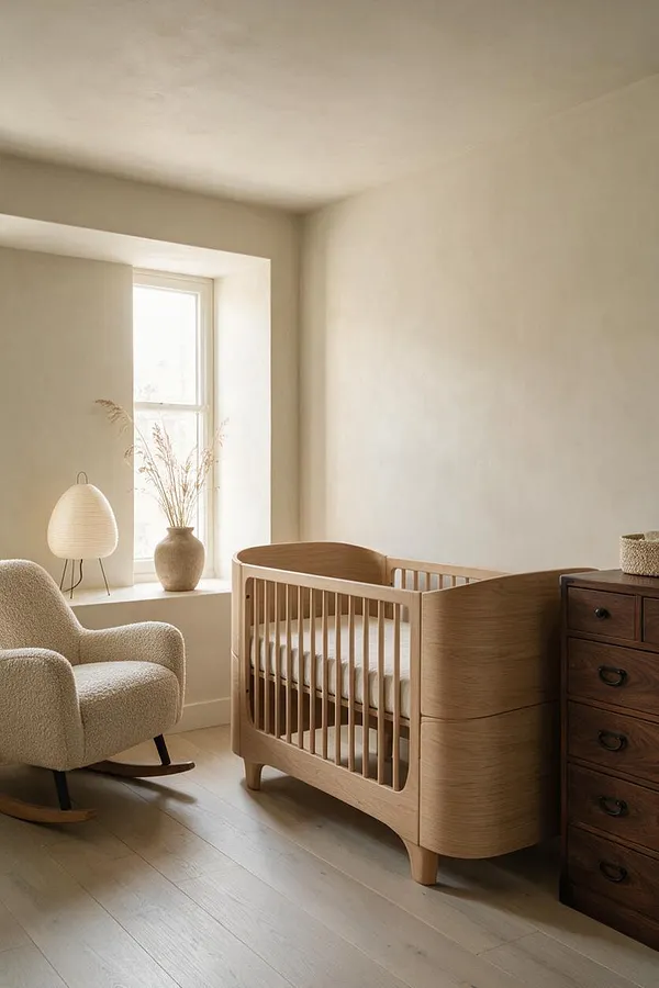 A serene nursery with a light wood crib, a boucle rocking chair, and a dark wood dresser arranged against softly painted cream walls. Natural light filters through a window nook with a vase of dried grasses and a small table lamp, creating a calm Japandi-inspired atmosphere.