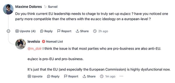 A discussion thread from a Product Hunt AMA about EU leadership and the eu:acc ideology.