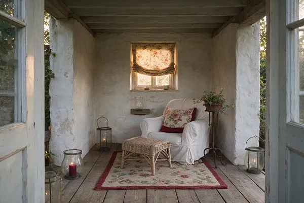 A small enclosed patio with white plaster walls, weathered wood flooring, and a painted wood ceiling. The space is furnished with a slipcovered armchair, a woven ottoman, lanterns, a floral rug, and a vintage-style floral curtain at the window, creating a soft cottagecore atmosphere.