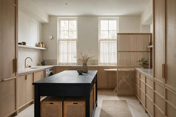 A serene laundry room with light oak cabinetry, a dark central island, and two tall windows with sheer curtains. A slatted wood divider, stone countertops, and woven storage baskets add natural texture to the calm neutral space.