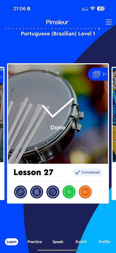 The image displays a completed lesson from the Pimsleur Portuguese language learning app.