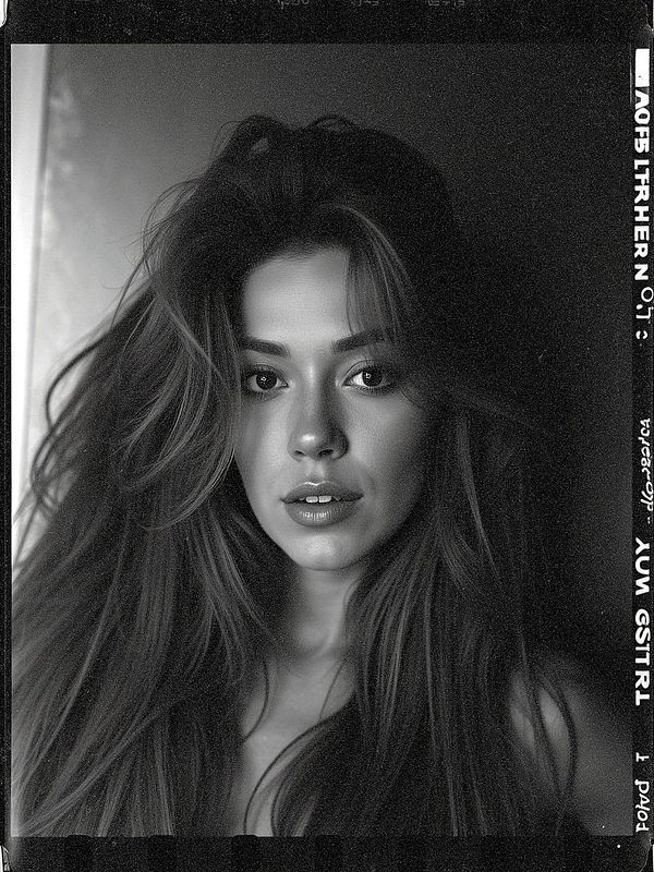 A striking black and white portrait of a woman with long hair and a captivating expression.