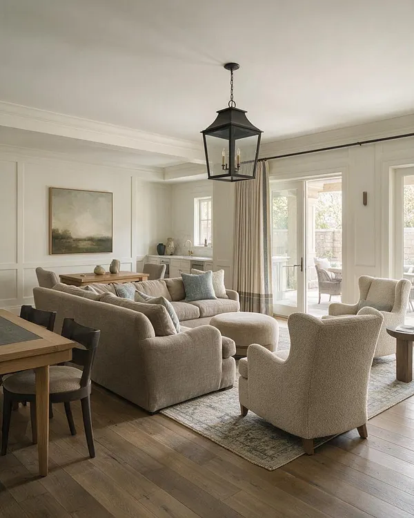 A bright transitional basement living area with a large beige sectional, two textured accent chairs, a round ottoman, and a small dining table at the left. The space features white paneled walls, wide wood flooring, a black lantern pendant, neutral drapery, and sliding glass doors opening to a patio.