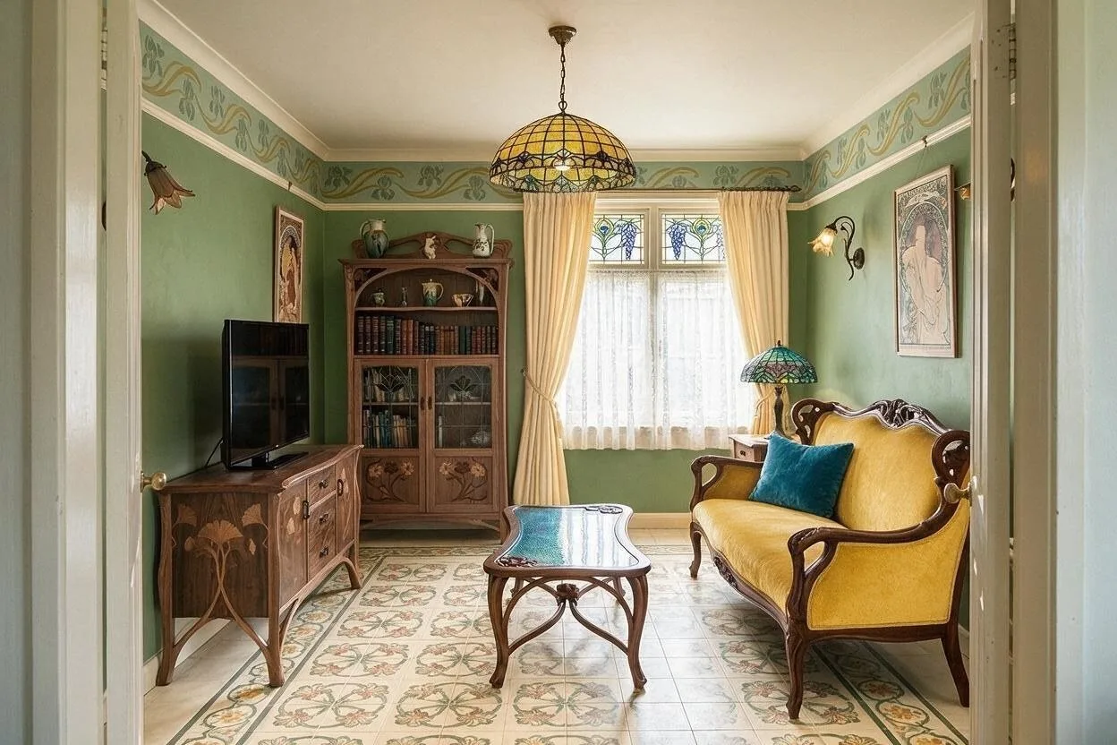 The same Art Nouveau living room in the Moss and Mustard palette: moss green, mustard, warm walnut, cream, and peacock blue