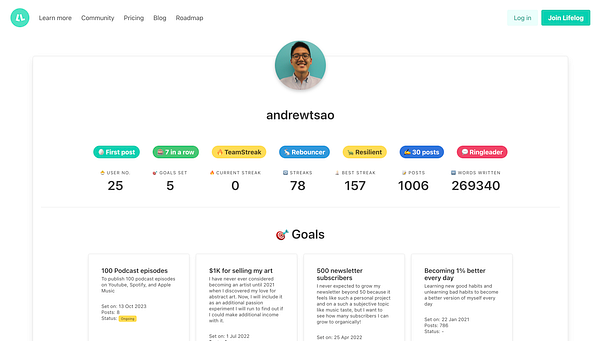 The image displays a user profile on the Lifelog platform, showcasing various statistics and goals of the user 'andrewtsao'.